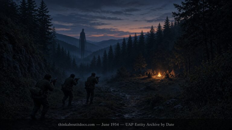 Illustration of a tall floating humanoid figure at a forest edge confronted by armed young men at twilight, North Caucasus, Russia, June 1954 Illustration of a tall floating humanoid figure at a forest edge confronted by armed young men at twilight, North Caucasus, Russia, June 1954