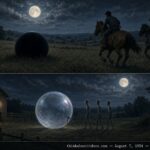 Illustration of a black-rubber-suited entity and a bubble-like craft near a Quebec horse barn at night, August 7, 1954