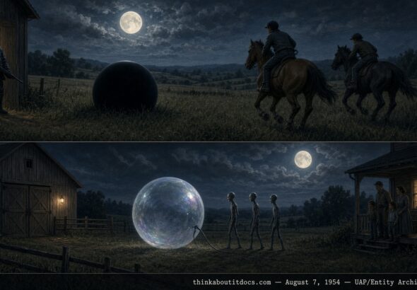 Illustration of a black-rubber-suited entity and a bubble-like craft near a Quebec horse barn at night, August 7, 1954