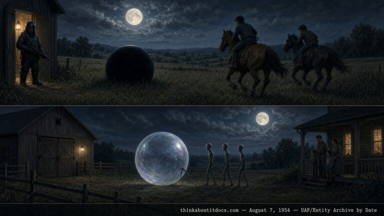 Illustration of a black-rubber-suited entity and a bubble-like craft near a Quebec horse barn at night, August 7, 1954