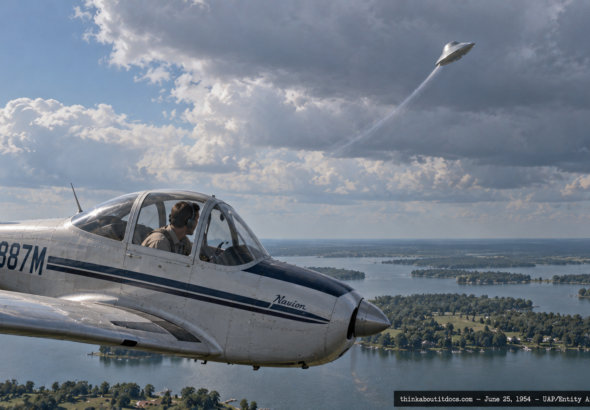 Illustration of a small plane and pilot watching a silver cone-topped disc pull up sharply toward clouds over Indian Lake, Ohio, June 25, 1954