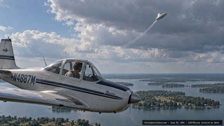 Illustration of a small plane and pilot watching a silver cone-topped disc pull up sharply toward clouds over Indian Lake, Ohio, June 25, 1954