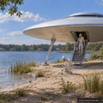 Illustration of a white saucer-shaped craft on telescoping legs with three tall entities collecting samples on the shore of Kensington Lake, Detroit, Michigan, May 1954