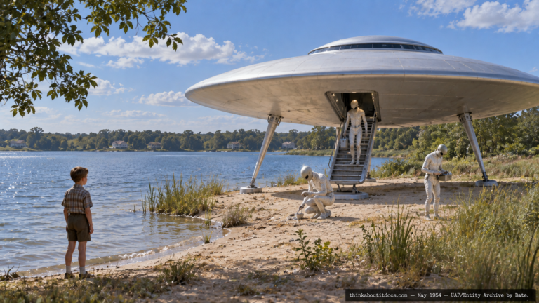 Illustration of a white saucer-shaped craft on telescoping legs with three tall entities collecting samples on the shore of Kensington Lake, Detroit, Michigan, May 1954