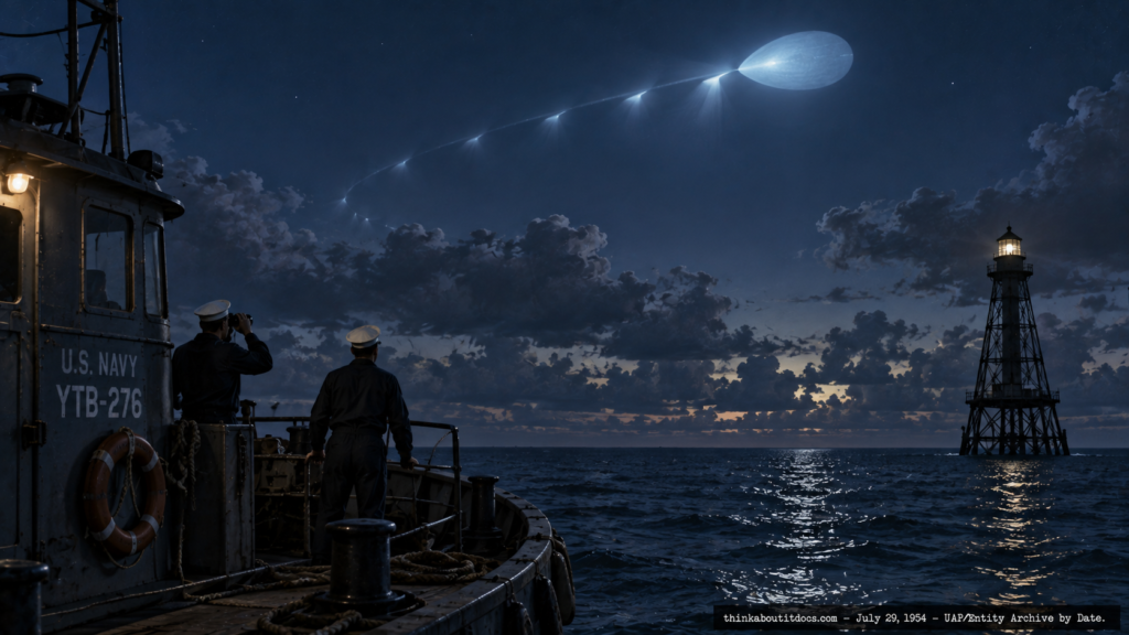Illustration of a pale blue egg-shaped object curving across the sky above a Navy vessel near Key Largo, Florida, July 29, 1954