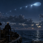 Illustration of a pale blue egg-shaped object curving across the sky above a Navy vessel near Key Largo, Florida, July 29, 1954