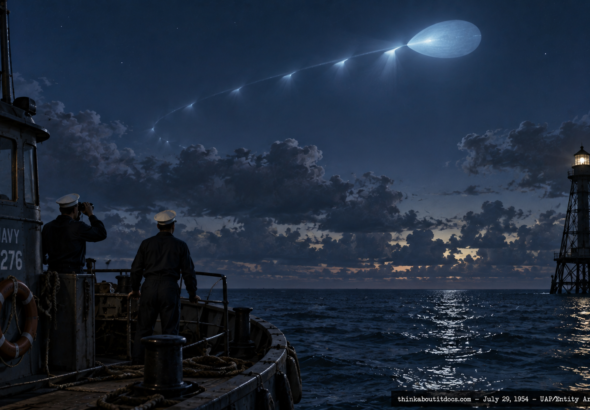 Illustration of a pale blue egg-shaped object curving across the sky above a Navy vessel near Key Largo, Florida, July 29, 1954