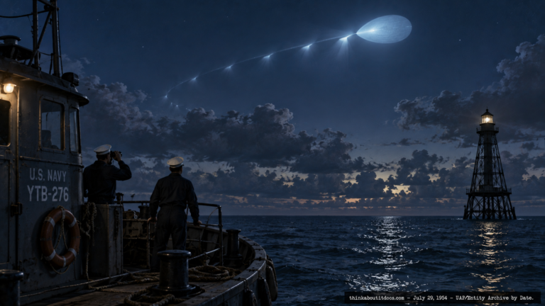 Illustration of a pale blue egg-shaped object curving across the sky above a Navy vessel near Key Largo, Florida, July 29, 1954