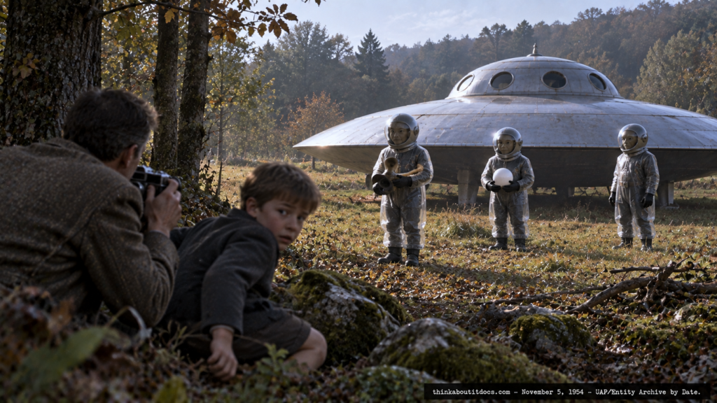 Illustration of three suited entities beside a portholed disc craft in a French woodland clearing, a man photographing from the treeline, November 5, 1954