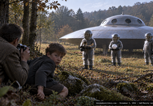 Illustration of three suited entities beside a portholed disc craft in a French woodland clearing, a man photographing from the treeline, November 5, 1954