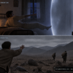 Illustration of a man drawn into a glowing cabin in an Argentine bedroom and a desolate valley with distant indifferent figures, January 1954
