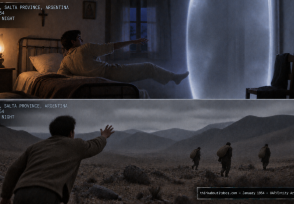 Illustration of a man drawn into a glowing cabin in an Argentine bedroom and a desolate valley with distant indifferent figures, January 1954