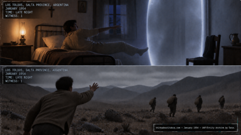 Illustration of a man drawn into a glowing cabin in an Argentine bedroom and a desolate valley with distant indifferent figures, January 1954