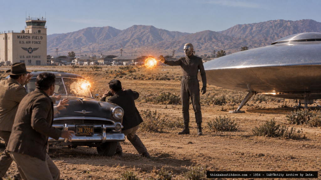Illustration of a masked entity throwing a fireball at witnesses near a silvery disc craft, striking their car, March Field, California, 1954