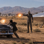 Illustration of a masked entity throwing a fireball at witnesses near a silvery disc craft, striking their car, March Field, California, 1954