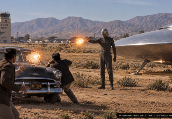 Illustration of a masked entity throwing a fireball at witnesses near a silvery disc craft, striking their car, March Field, California, 1954