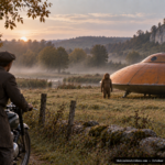Illustration of a hair-covered entity beside an orange domed disc in a French field, watched by a motorcyclist, Mertrud, France, October 5, 1954