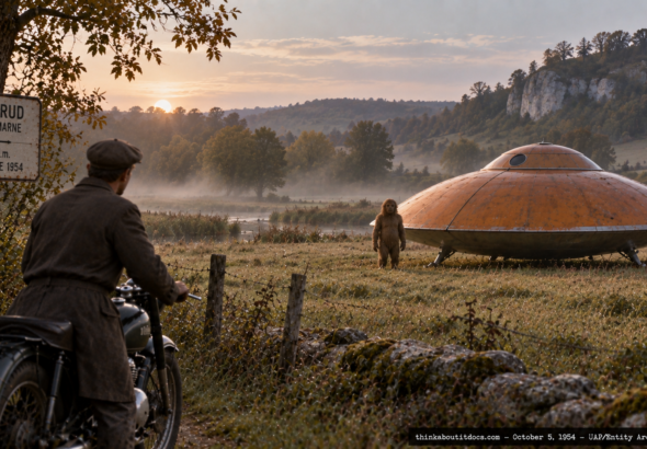 Illustration of a hair-covered entity beside an orange domed disc in a French field, watched by a motorcyclist, Mertrud, France, October 5, 1954