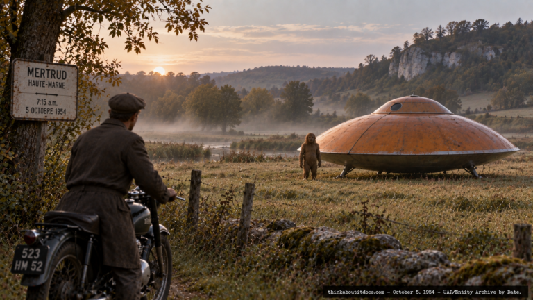 Illustration of a hair-covered entity beside an orange domed disc in a French field, watched by a motorcyclist, Mertrud, France, October 5, 1954