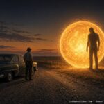 Illustration of a giant man-like entity beside a glowing sphere on a rural Midwestern road at dusk, late summer 1954