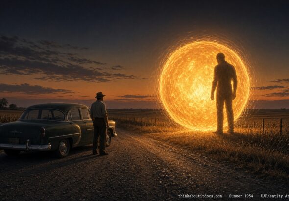 Illustration of a giant man-like entity beside a glowing sphere on a rural Midwestern road at dusk, late summer 1954