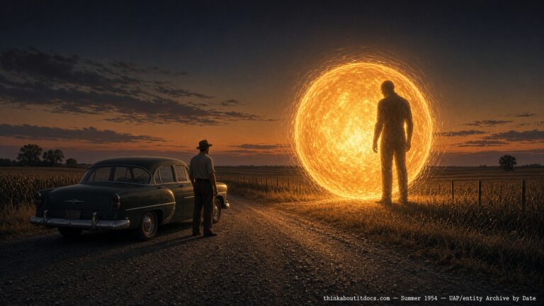 Illustration of a giant man-like entity beside a glowing sphere on a rural Midwestern road at dusk, late summer 1954