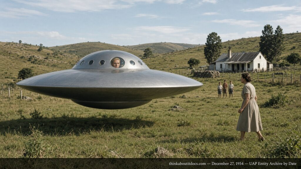 Illustration of a rotating disc craft hovering low over a South African hillside farm with a blond entity visible through a porthole, Mooi River, Natal, December 27, 1954