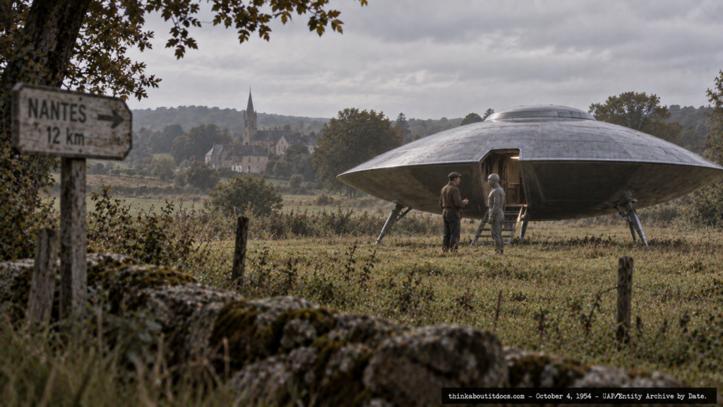 Illustration of a man in calm conversation with a humanoid figure near a landed craft in rural France, October 4, 1954