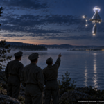 Illustration of a mechanically complex brilliant object crossing Lake Nipissing toward North Bay, Ontario at dawn, watched by RCAF airmen, August 30, 1954
