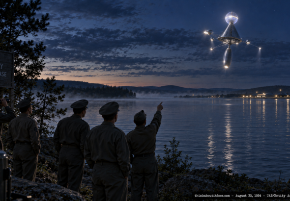 Illustration of a mechanically complex brilliant object crossing Lake Nipissing toward North Bay, Ontario at dawn, watched by RCAF airmen, August 30, 1954