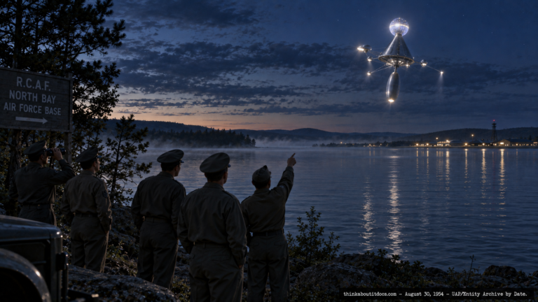 Illustration of a mechanically complex brilliant object crossing Lake Nipissing toward North Bay, Ontario at dawn, watched by RCAF airmen, August 30, 1954