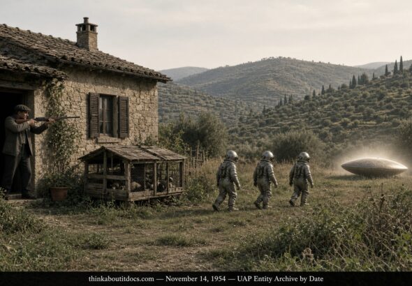 Illustration of small metal-suited entities approaching a rabbit hutch beside a halo-surrounded cigar craft, a man with a raised rifle in the doorway, Ortonovo, Italy, November 14, 1954