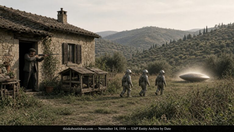 Illustration of small metal-suited entities approaching a rabbit hutch beside a halo-surrounded cigar craft, a man with a raised rifle in the doorway, Ortonovo, Italy, November 14, 1954