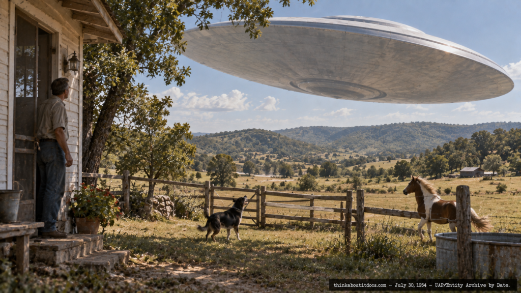 Illustration of a large disc-shaped craft passing low over a Missouri ranch house with an agitated dog and pony nearby, July 30, 1954