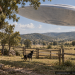 Illustration of a large disc-shaped craft passing low over a Missouri ranch house with an agitated dog and pony nearby, July 30, 1954