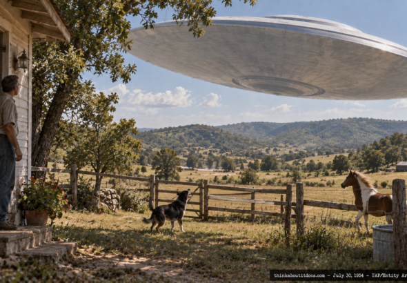 Illustration of a large disc-shaped craft passing low over a Missouri ranch house with an agitated dog and pony nearby, July 30, 1954