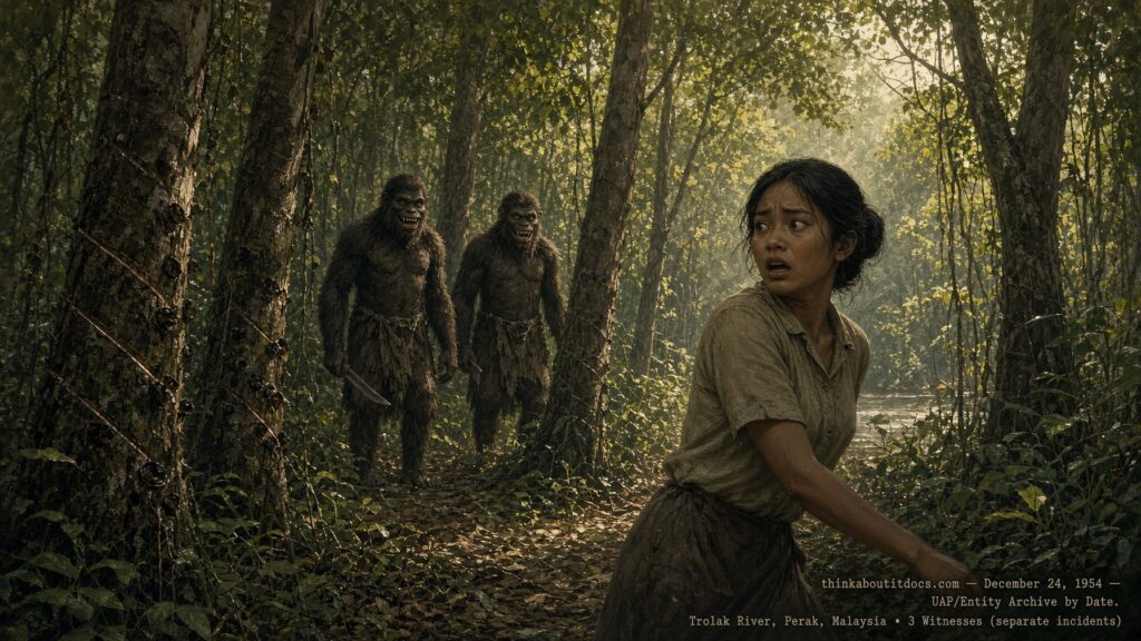 Illustration of hair-covered, fanged humanoid creatures at the edge of a Malaysian rubber plantation near the Trolak River, December 24, 1954