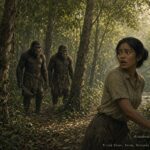 Illustration of hair-covered, fanged humanoid creatures at the edge of a Malaysian rubber plantation near the Trolak River, December 24, 1954