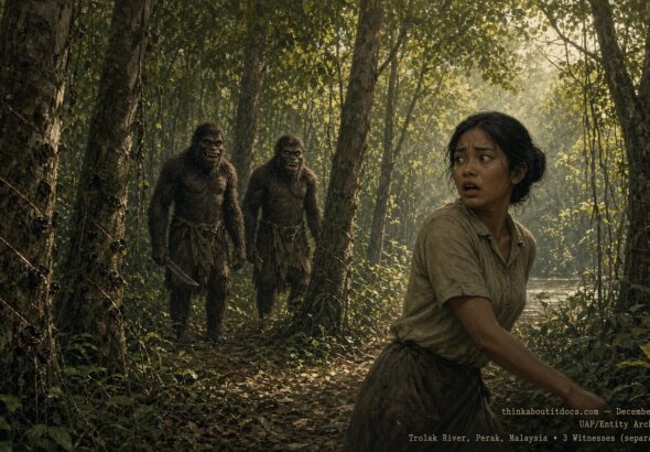 Illustration of hair-covered, fanged humanoid creatures at the edge of a Malaysian rubber plantation near the Trolak River, December 24, 1954