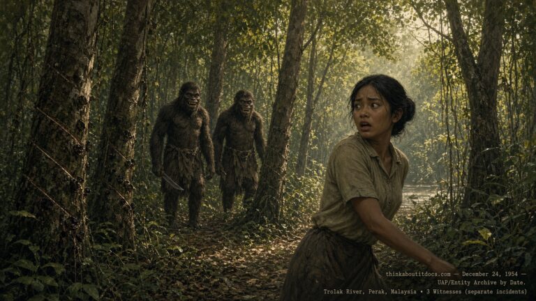 Illustration of hair-covered, fanged humanoid creatures at the edge of a Malaysian rubber plantation near the Trolak River, December 24, 1954