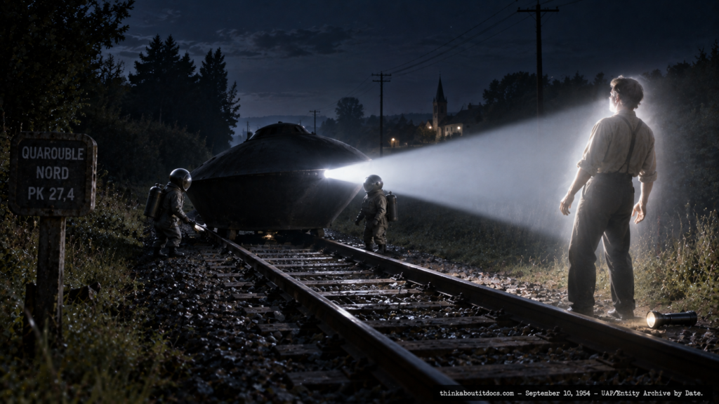 Illustration of two short diving-suited entities beside a dark mass on railroad tracks with a paralyzed witness caught in a beam of light, Quarouble, France, September 10, 1954