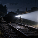 Illustration of two short diving-suited entities beside a dark mass on railroad tracks with a paralyzed witness caught in a beam of light, Quarouble, France, September 10, 1954