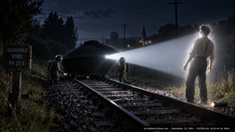 Illustration of two short diving-suited entities beside a dark mass on railroad tracks with a paralyzed witness caught in a beam of light, Quarouble, France, September 10, 1954