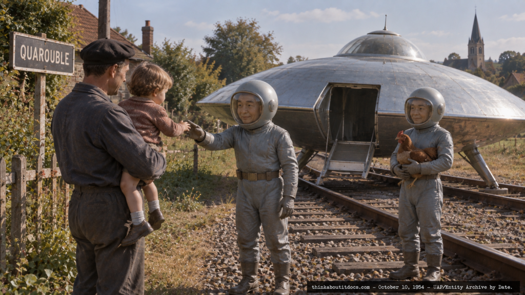 Illustration of a friendly helmeted entity greeting a father and young son beside a disc-shaped craft on railroad tracks, Quarouble, France, October 10, 1954