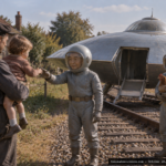 Illustration of a friendly helmeted entity greeting a father and young son beside a disc-shaped craft on railroad tracks, Quarouble, France, October 10, 1954
