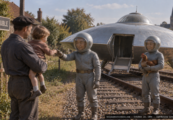 Illustration of a friendly helmeted entity greeting a father and young son beside a disc-shaped craft on railroad tracks, Quarouble, France, October 10, 1954