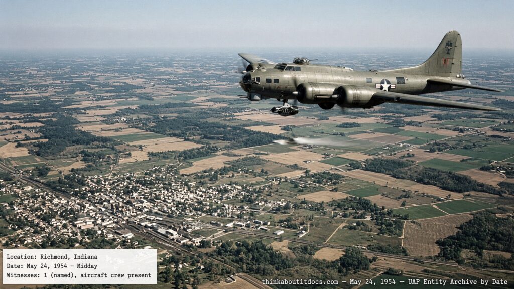 Illustration of a B-17 mapping aircraft with an unidentified fast-moving object crossing its flight path over Richmond, Indiana, May 24, 1954