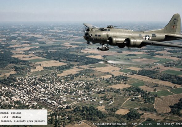 Illustration of a B-17 mapping aircraft with an unidentified fast-moving object crossing its flight path over Richmond, Indiana, May 24, 1954