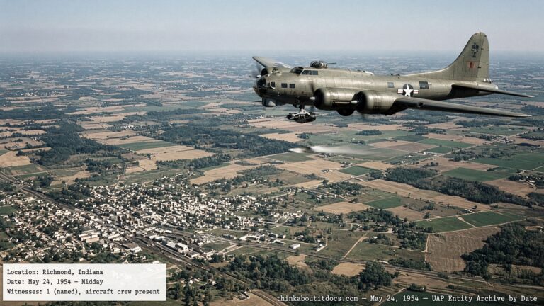Illustration of a B-17 mapping aircraft with an unidentified fast-moving object crossing its flight path over Richmond, Indiana, May 24, 1954