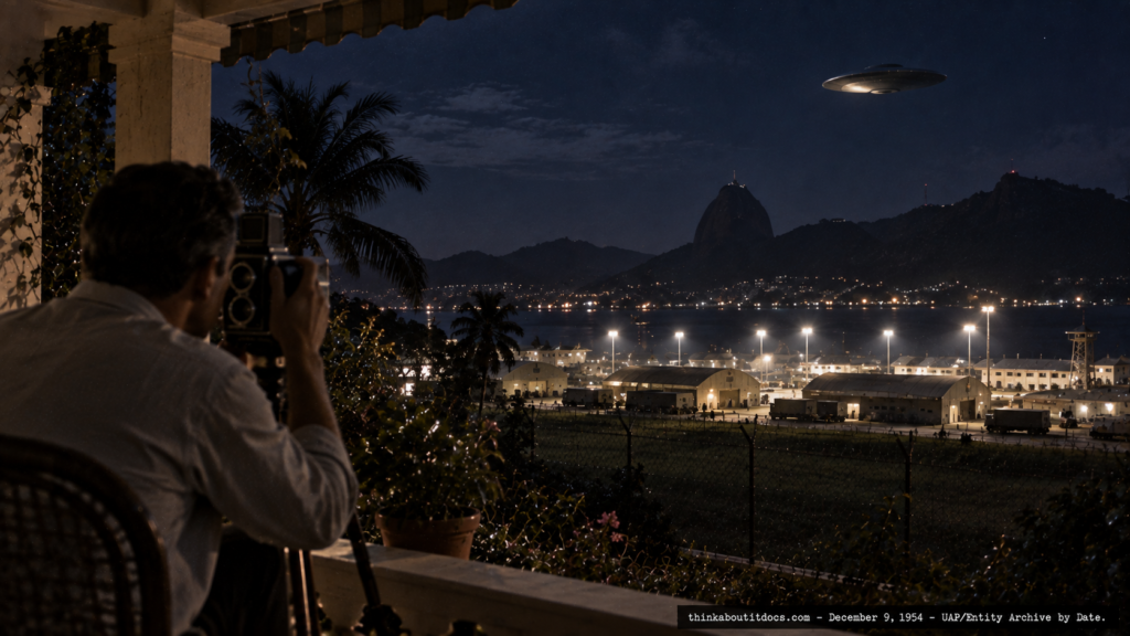 Illustration of a man photographing a motionless, light-reflecting object over a military installation from a Rio de Janeiro veranda at night, December 9, 1954